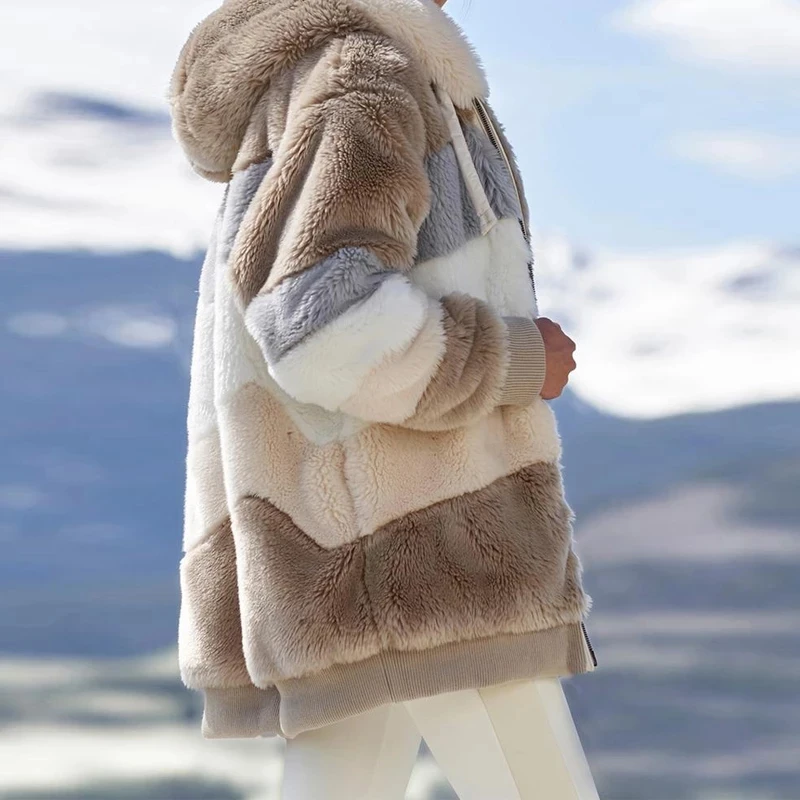 

2020 Winter Women Coat Fashion Plush Patchwork Zipper Pocket Hooded Jacket Lady Long Sleeve Plus Size Loose Warm Outerwear