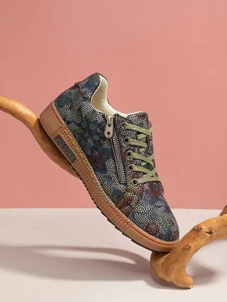 

SOCOFY Women Side Zipper Decor Sneakers Floral Printed Lace Up Casual Sneakers Running Walking Shoes Stitching Skate Shoes