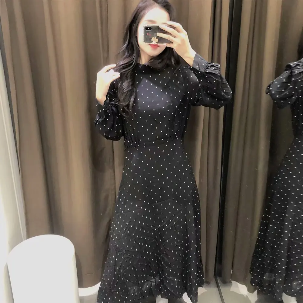 

2020 New Autumn Women Dress Black Geomtric Print Full Sleeve Turtleneck Mid-Calf Dresses Female Fashion Women Clothes