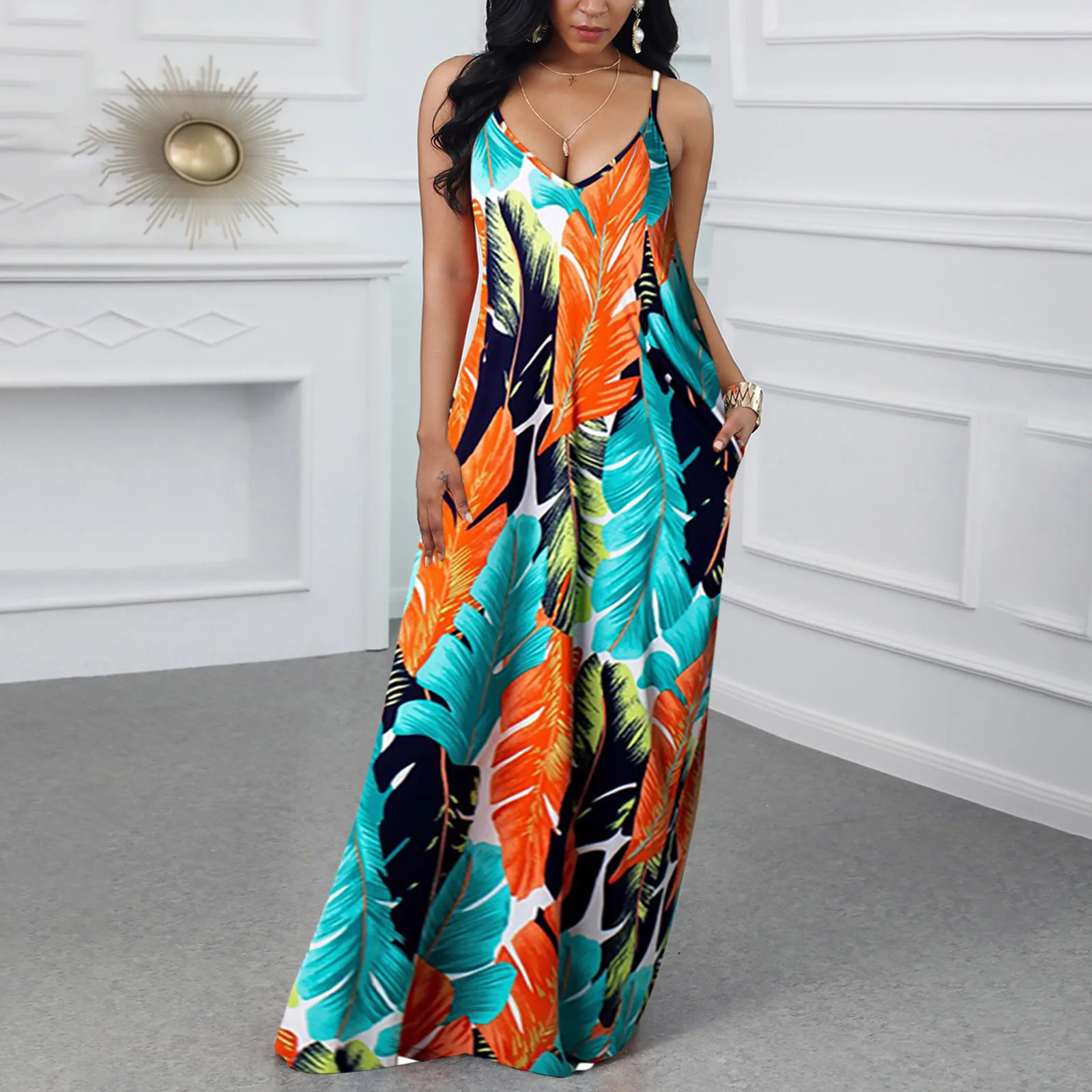 2021 Fashion Feather Print Pattern Dresses Women Summer Large Size Printed Loose Sleeveless V-neck Dress | Женская одежда