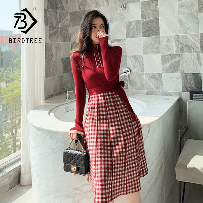 Elegant Splice Plaid With Belt Knitted Dress Women 2020 Spring Long Sleeve Casual Mid Dresses D9N710M | Женская одежда