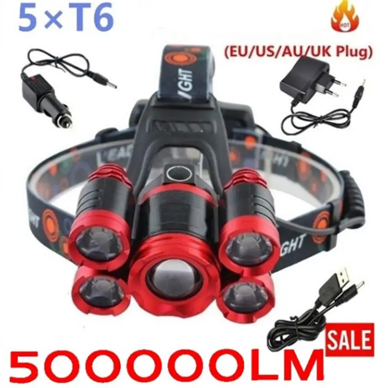 

NEW XML-T6 LED Headlight Portable Torch Head Lamp 5 Led Bulbs Waterproof Headlamp USB Rechargeable Headlight 18650 Battery