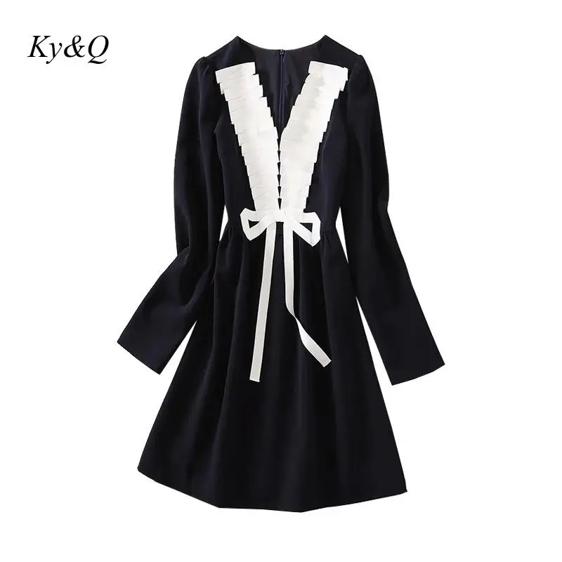 

2020 Spring Autumn Female New Design Elegant Bow V-Neck Dress Long Sleeves Slim Chic Gentle Temperament Women Party Dresses
