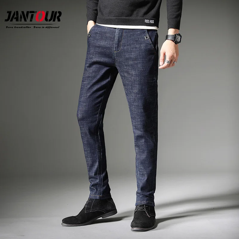 Мужские классические прямые джинсы Jantour синие потертые из денима повседневные