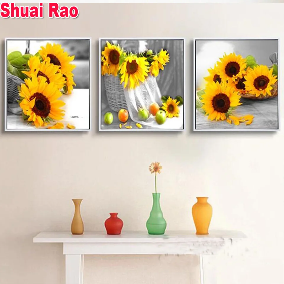 

Full Square/Round Diamond Painting Triptych Yellow Sunflower Decorative Pictures For Living Decor,5D Diy Diamond Embroidery
