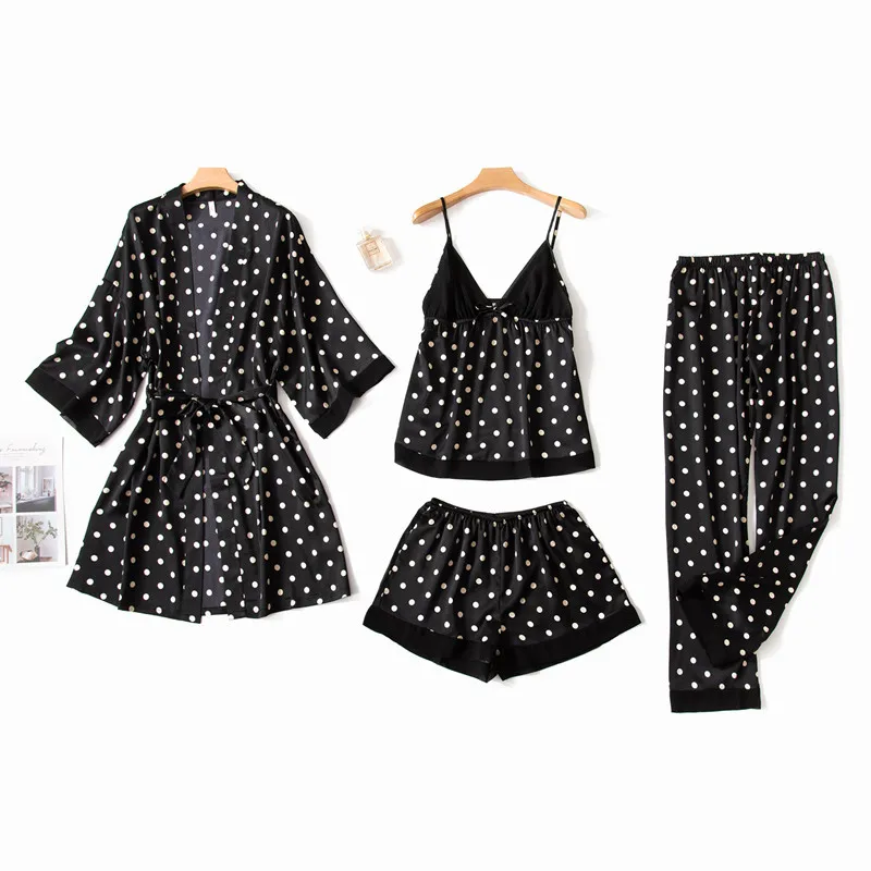 Женский шелковый халат Smmoloa Шелковый пижамный комплект из 4 предметов атласные