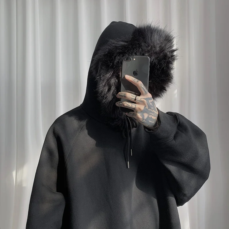 

Мужская одежда, новинка осень-зима 2021, толстовка с капюшоном с мехом, модный Свободный свитшот в стиле Ins большого размера, Кофты для мужчин