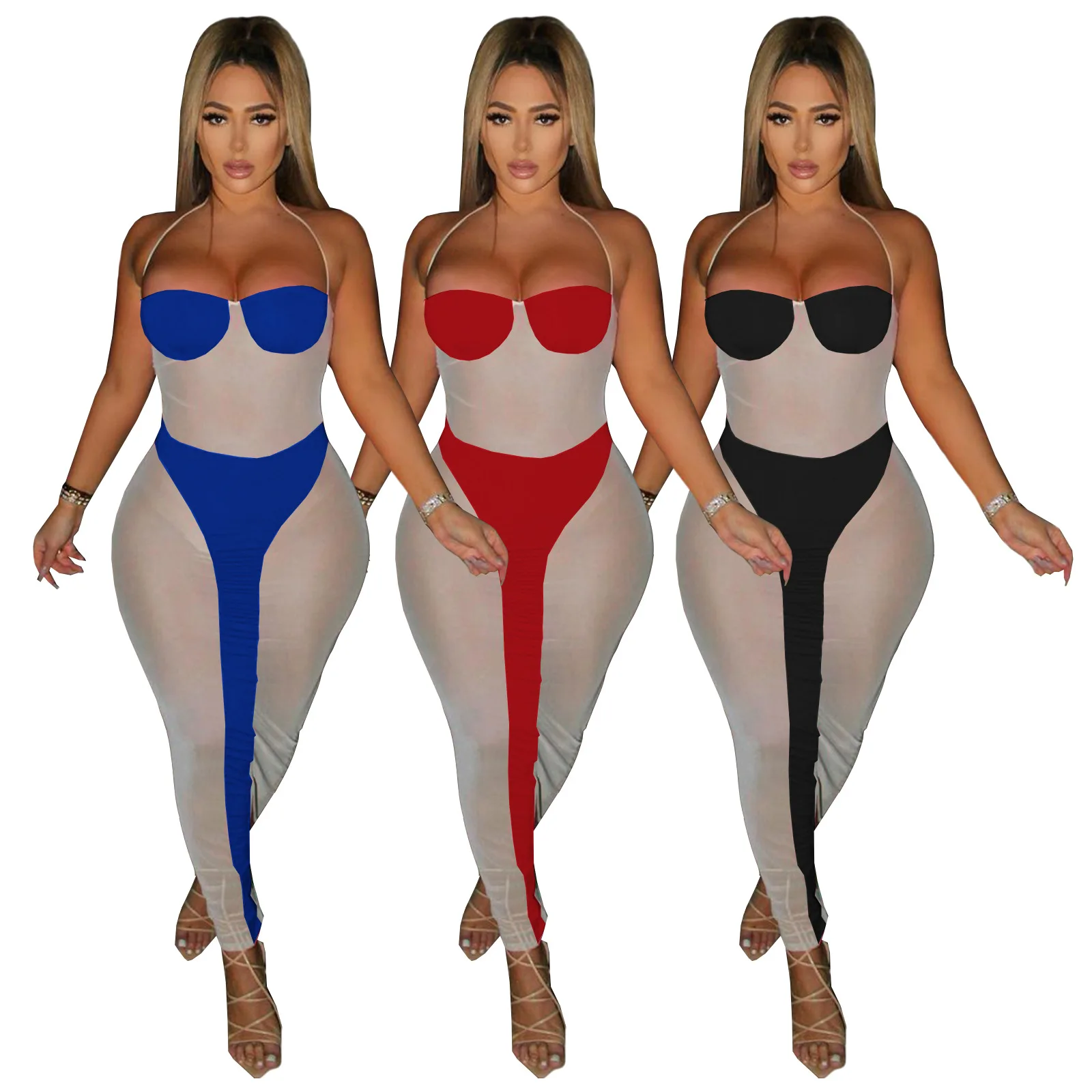 

Сексуальная Клубная одежда на бретельках Женские сетчатые Лоскутные женские платья-футляры макси