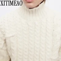 xitimeaoza 2022 women fashion loose cable knit sweater vintage high neck long sleeve female pullovers chic tops