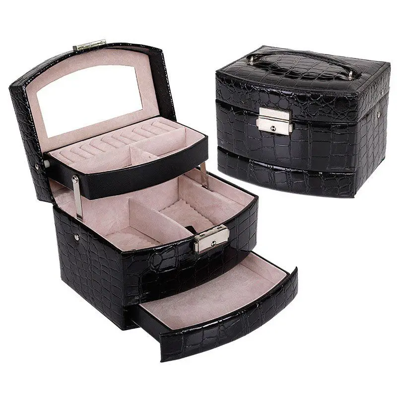 Automatic Leather Jewelry Box Three-layer Storage For Women Earring Ring Cosmetic Organizer Casket Decorations(Black) | Дом и сад