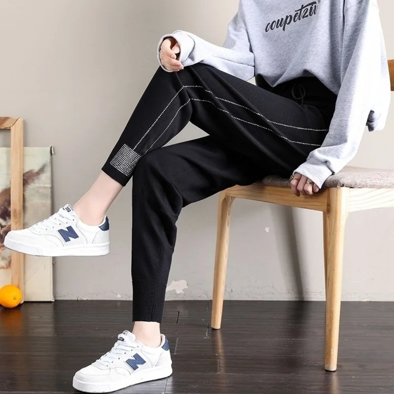 

Fashion Streetwear Womens Diamonds Sides Tassel Harem Paants Bling 2021 Spring Ladies Casual Sweatpants High Waist Trousers