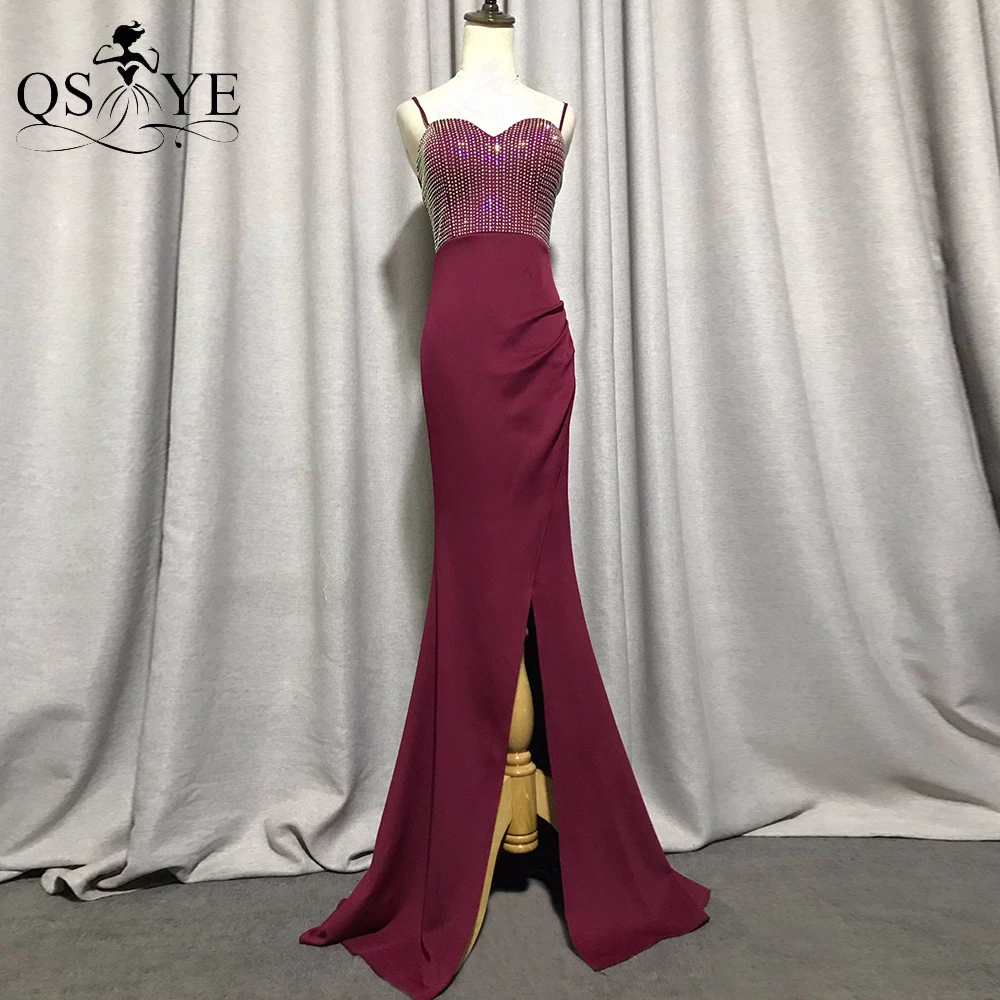 

Burgundy Evening Dresses Hot Drill Sequin Bodice Party Gown Simple Stretchy Split Formal Dress Prom Long Sweetheart Neck Gown