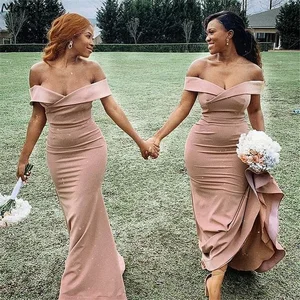 Bridesmaid Dresses Champagne Off The Shoulder Satin Sweep Train Bridesmaid Dresses Wedding Party Bridemaid Gowns With Zipper
