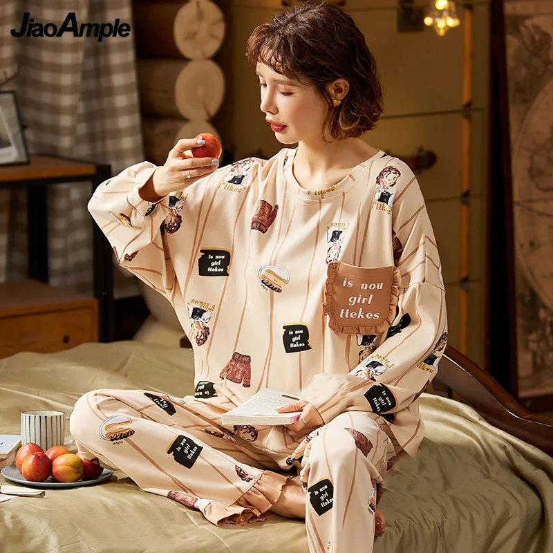 Women's Pajamas 2022 Spring Autumn New Cotton Long-sleeved Trousers Pijamas Set Korean Cartoon Casual Sleepwear Homewear Suit