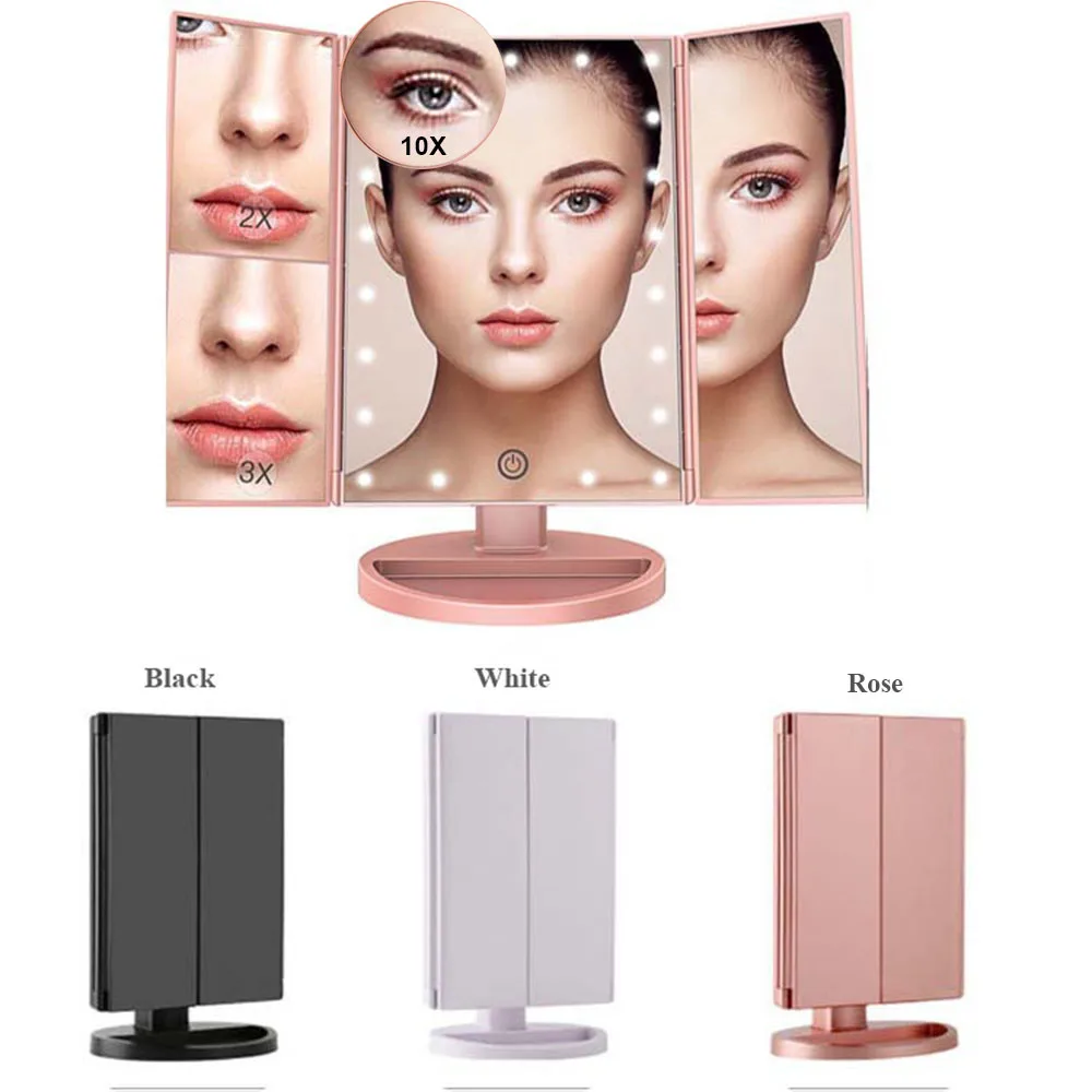 

22 LED Light 10/3/2X Magnifying Makeup Mirror 3 Folding Vanity Mirror Adjustable Bathroom Table Vanity Touch Dimmer Mirrors