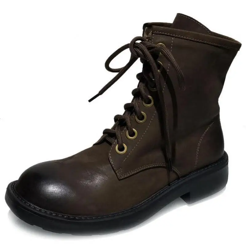 

YourSeason Ladies Ankle Platform Boots New 2021 Round Toe Handmade Concise Women Genuine Leather Lace Up Casual Boots Zipper