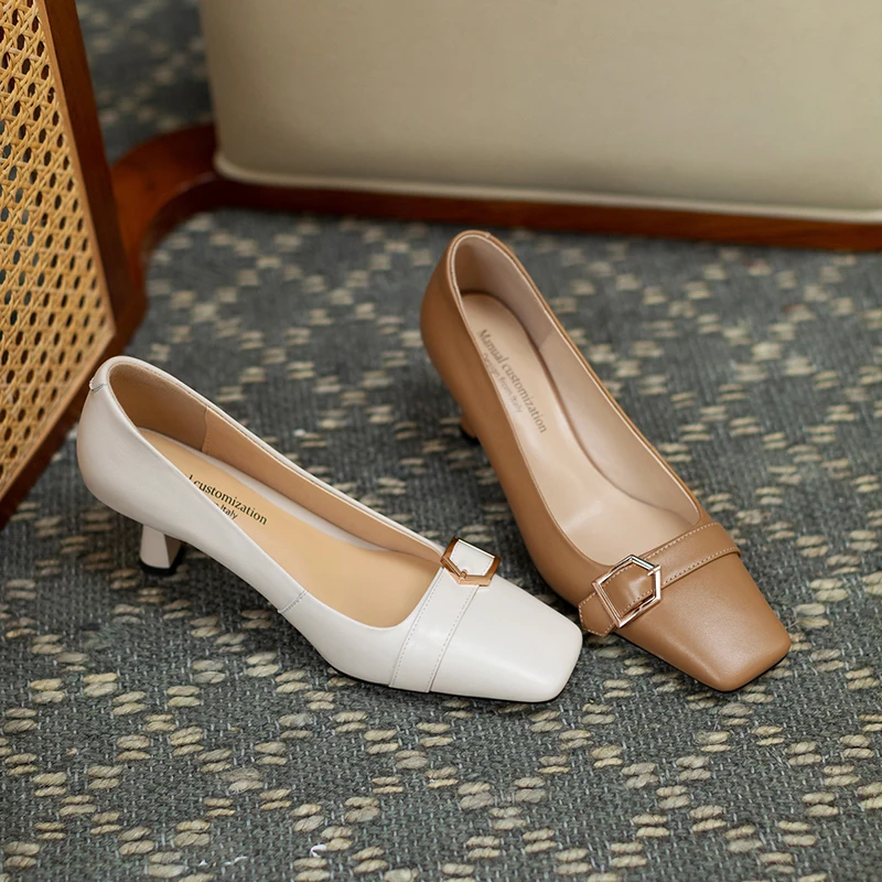 

HOT SALE Women Shoes Natural Leather pumps 22-24.5cm Cowhide Square toe shallow mouth buckle Sheepskin insole heels women