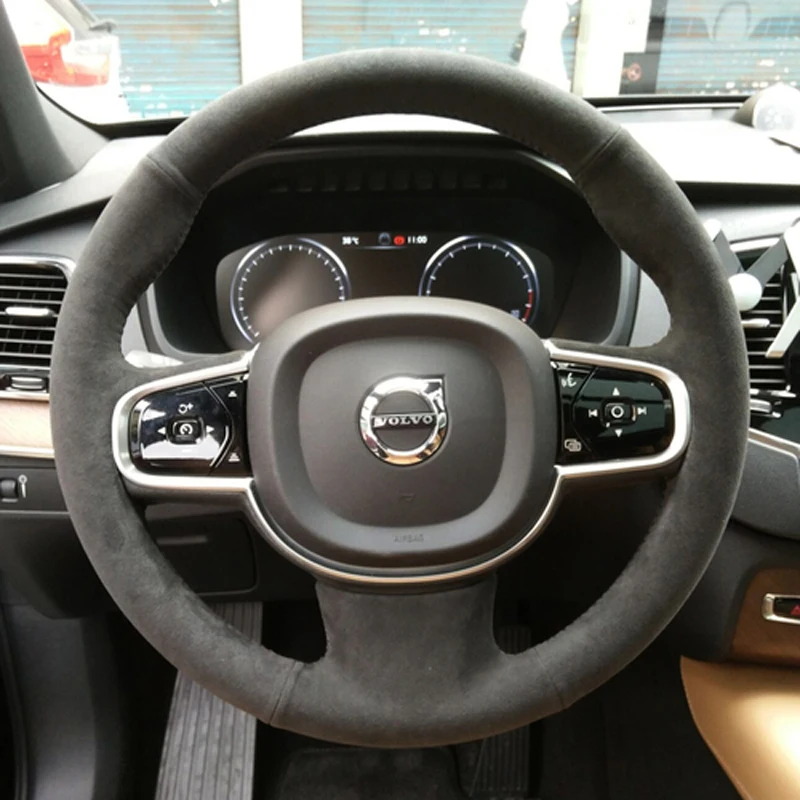 

Чехол на руль автомобиля Volvo XC60 XC40 S60 S90, прошитая вручную черная замшевая кожа, подходит для зимы и лета