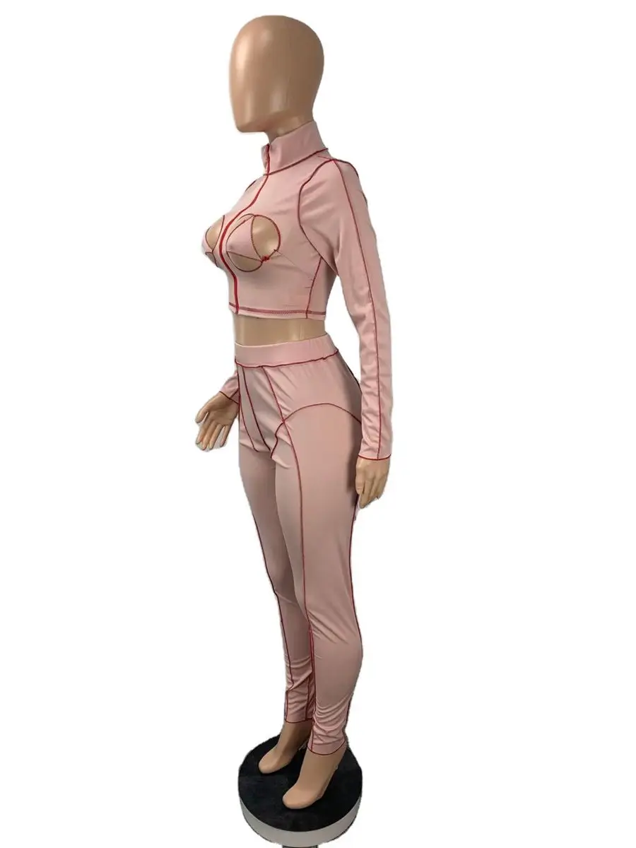 

Women 2 Piece Set Trendy Patchwork Hollow Out Zipper Streetwear Sexy Bikini Turtleneck Top+Bodycon Leggings Party Clubwear Suit