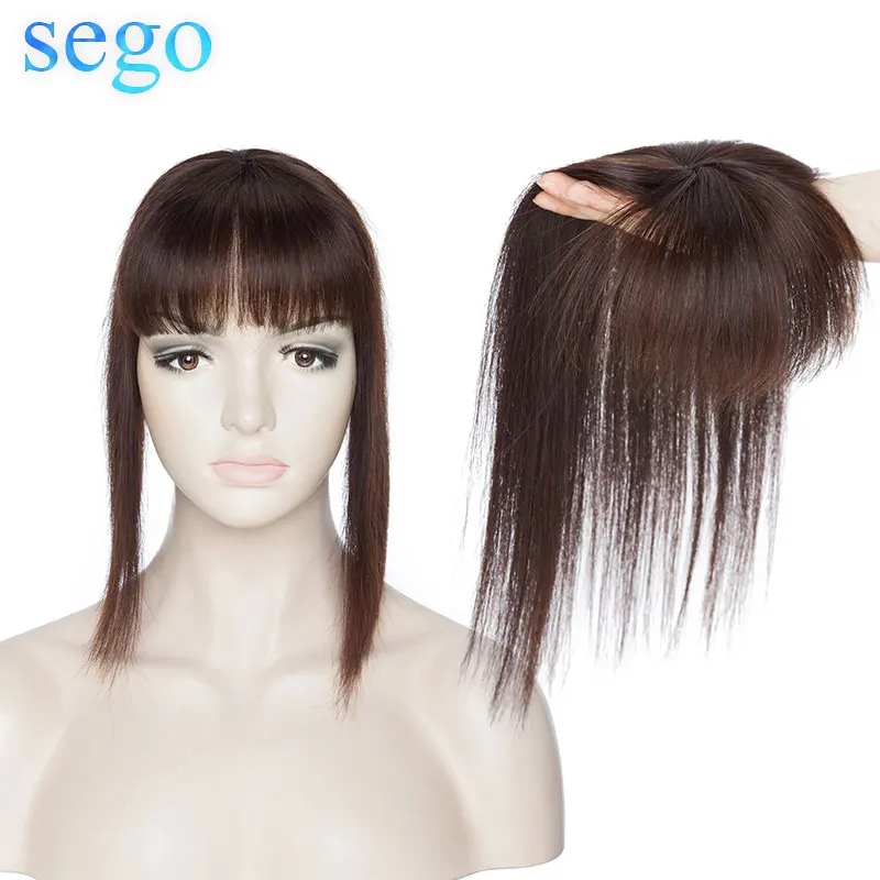 

SEGO 8.5x8.5cm 10‘’-20'' Straight Human Hair Topper Remy Natural Hairpieces with Bangs for Women Mono Base Toupee Bang Clips ins