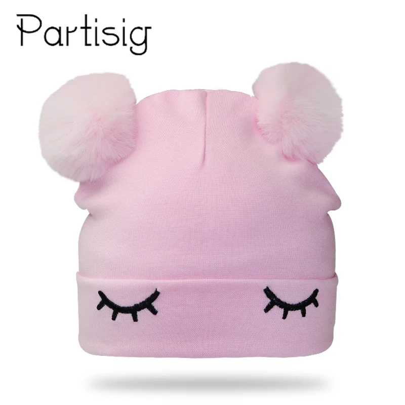 pink pom black eye Детская шапка с вышивкой в виде глаз, шапка с двойным помпоном для девочек, зимняя шапка, Детская Хлопковая шапочка, детская шапка - Цвет: pink pom black eye