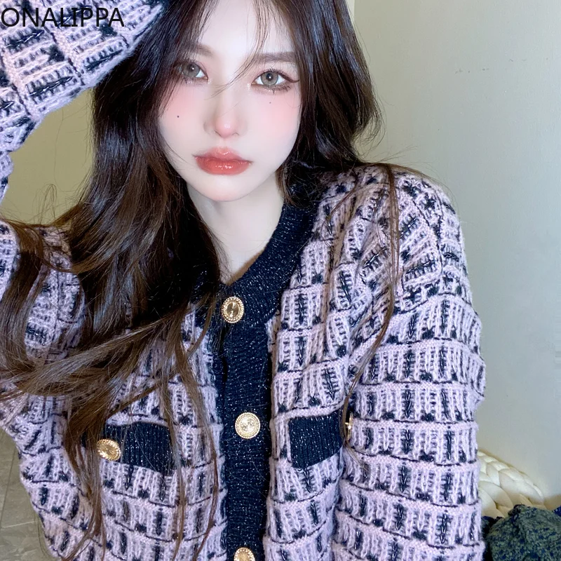 

ONALIPPA Women Sweater Jacket 2021 Autumn Winter New French Style Retro Gentle Loose Contrast Color Long-sleeved Knit Cardigan