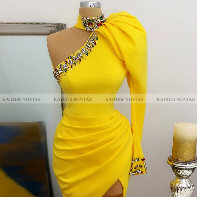 

Женское атласное платье-Русалка KADIER NOVIAS, желтое и белое платье до пола для выпускного вечера, с высоким вырезом, вечернее платье знаменитост...