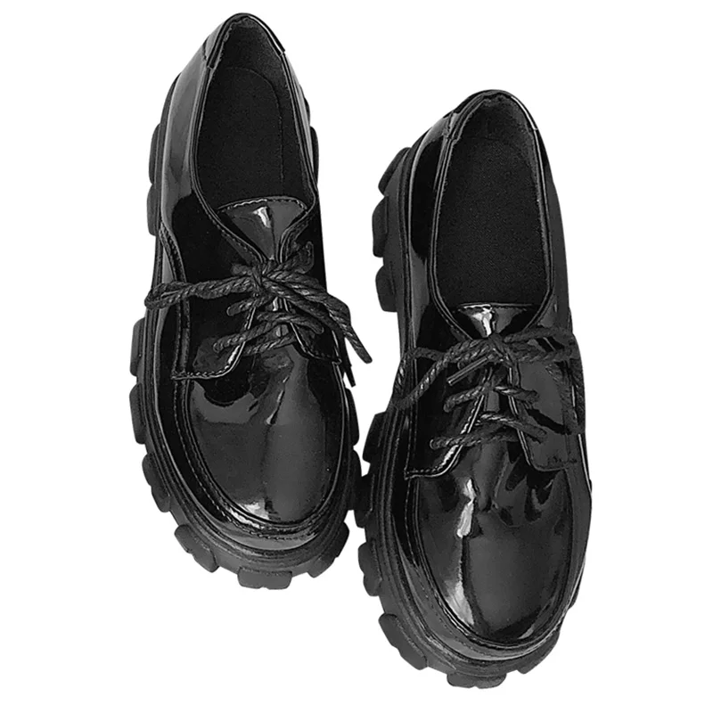 

2020 Classic Patent Women Leather Platform Shoes Round Head Lace-Up Lady Flat Solid Black Short Tube Females Flat Shoes