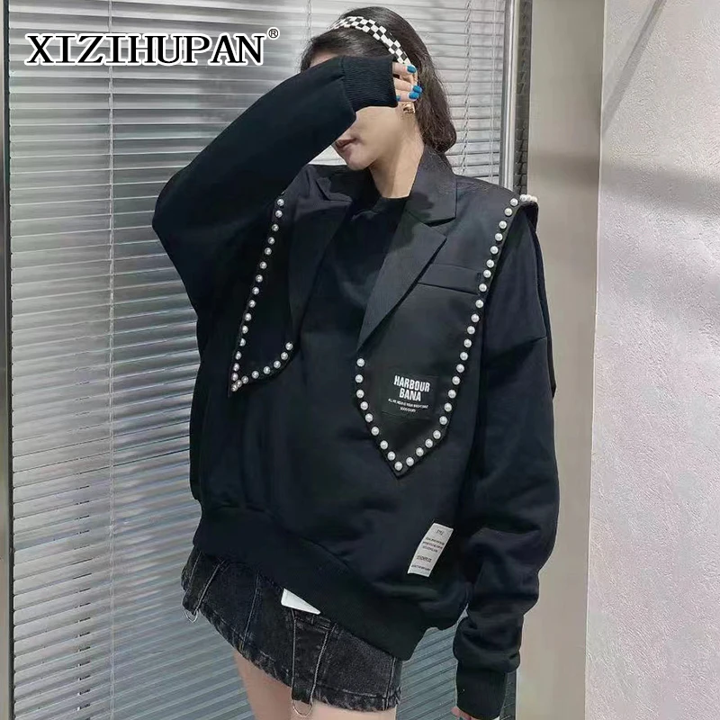 

Свитшот XIZIHUPAN в стиле пэчворк с жемчужинами и цветными блоками, женский модный свитшот с круглым вырезом и длинным рукавом, осенний стиль 2021,...