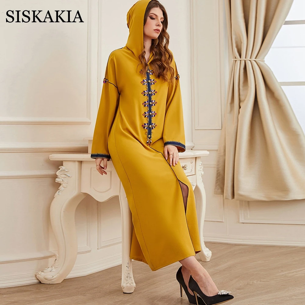 

Siskakia Hand-Stitched Diamonds Abaya Dress for Women Contrast Color Webbing Hooded V Neck Long Sleeve Ethnic Banquet Party Robe