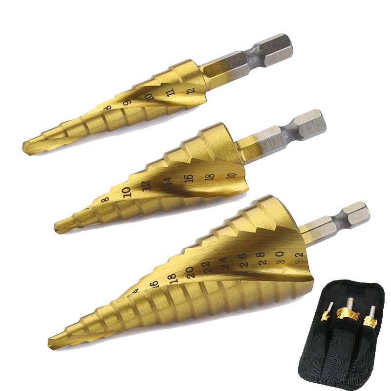 

3Pcs/set 4-12mm 4-20mm 4-32mm HSS Hex Spiral Step Drill Bit Titanium Coated Wood Metal Hole Cutter Wood Tools Power Carpentry