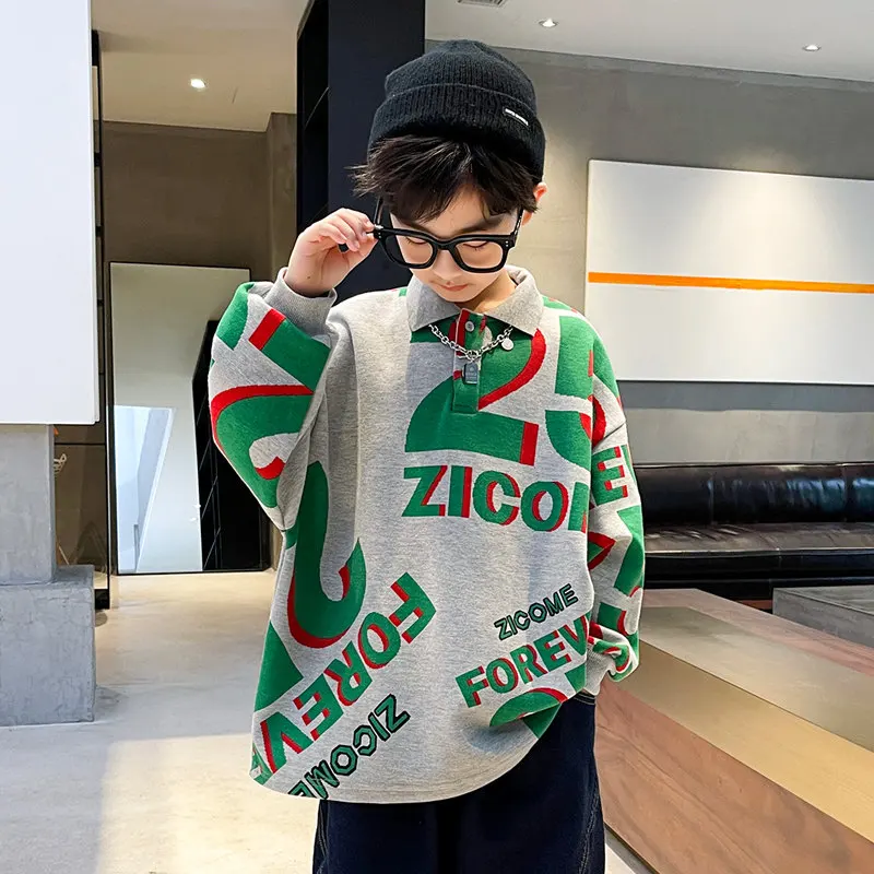 

Teen Boys Grey Sweatshirt Spring Autumn Long Sleeve Children Tops Letter Print Bottoming Shirt Kids Pullover 4 6 8 10 12 14