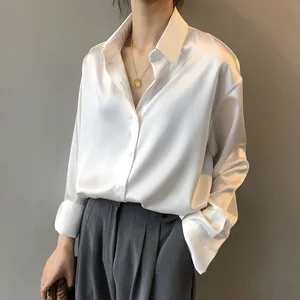 Осенняя модная атласная шелковая рубашка на пуговицах, винтажная блузка для женщин, белая женская Свободная уличная рубашка с длинными рукавами