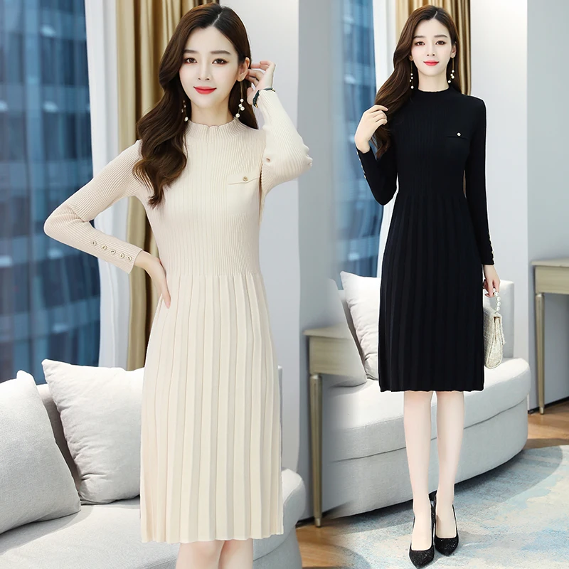 

2021 Spring Winter Knit Warm Thick Solid Dress Vintage Black Casual Sweater Korean Women Elegant Bodycon Party Sweater Vestidos