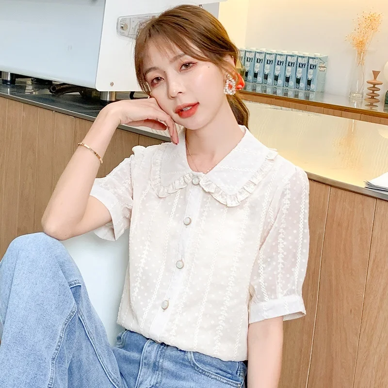 Womens Tops and Blouses Chiffon Shirt Female Fashion Doll Collar Top Short Sleeve Shirt Plus Size Women Shirts