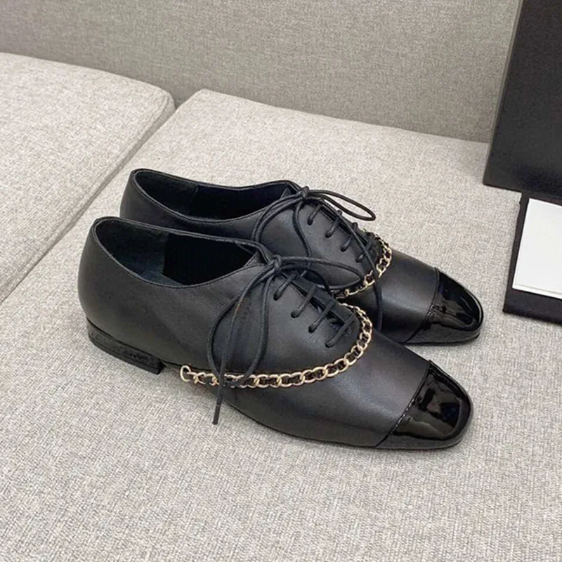 

Spring New Round Toe Color Matching Chain British Style Leather Shoes Fashion Simple Ladies Casual Loafers Women Flat Shoes