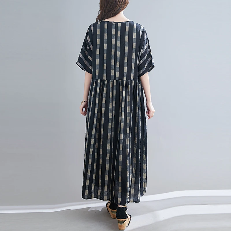 

Plus Size Dress Summer Linen Vestidos Women Striped Floral Sundress Loose Big Casual Female Short Sleeve New Long Dress 4XL