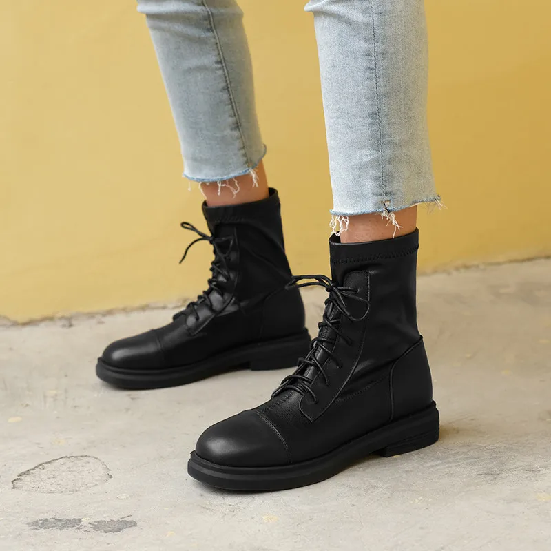 

FEDONAS Vintage Winter Boots For Girls Genuine Leather Cross Tied Motorcycle Boots Thick Botton Round Toe Shoes Woman Heels