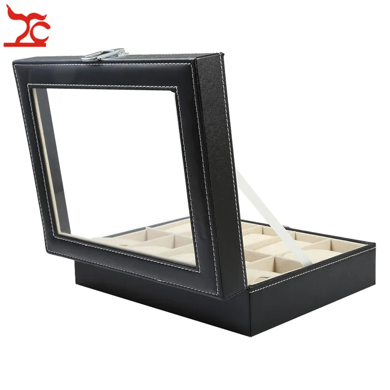 10 Slots Grid Black PU Leather Watch Case Jewelry Wristwatch Bracelet Storage Organizer Box Locked Caixa Para Relogio | Всё для