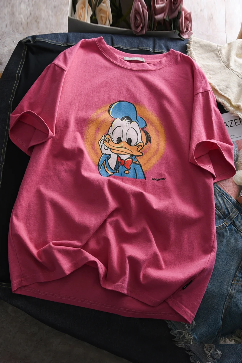 

Disney Mickey Friends Women's Donald T-shirt Loose Casual O-Neck Korean Clothes Kawaii Harajuku Clothing Womens Long Sleeve Tops