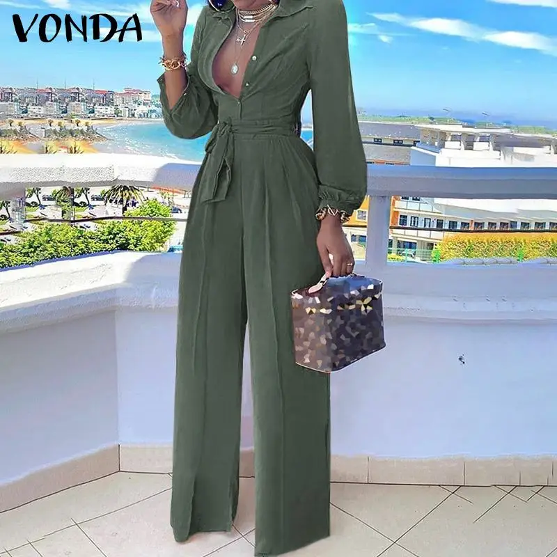 

Elegant Long Women Jumpsuits VONDA 2021 Autumn Lapel Button Up Playsuits Party Palazzo Casual Solid Office Overalls Pantalon