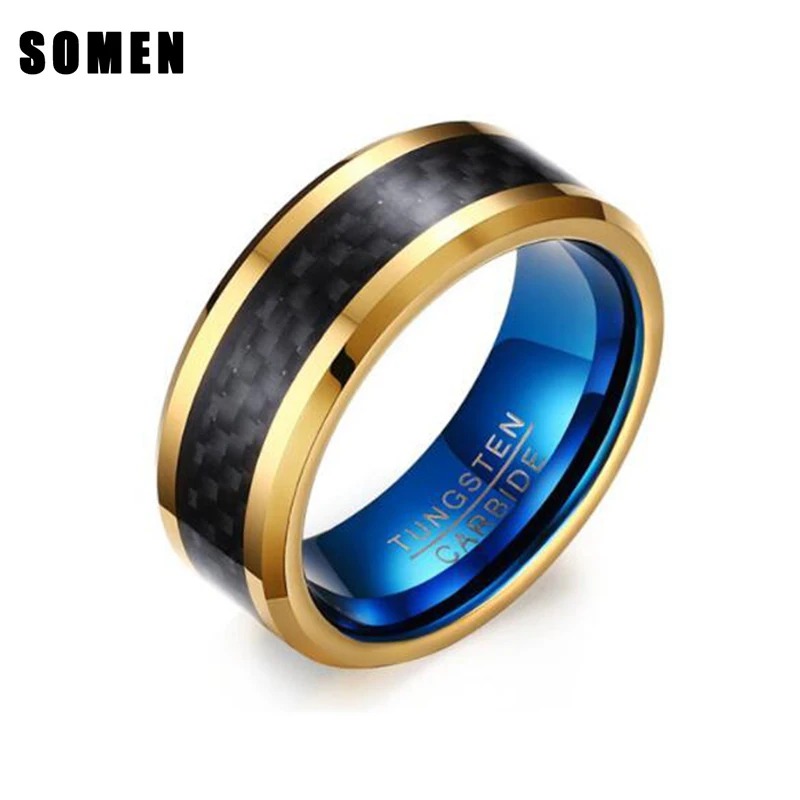 

Vintage 8mm Men Tungsten Ring Black Carbon Fiber Polished Blue Gold Color Male Wedding Rings Jewelry Friends Gift anel masculino
