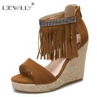 lsewilly 2021 summer fringes tassels ankle strap crystals platform wedges high heels fashion woman shoes sandals plus size 46