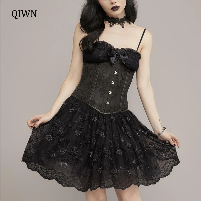 

Женское винтажное платье-корсет с открытой спиной, черное платье-трапеция в готическом стиле с бантом