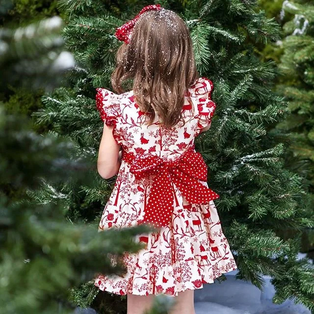 

Christmas Toddler Kids Baby Girls Santa Deers Dress Headband Petal Sleeve Bowknot Knee-Length A-Line Dress 0-3Y