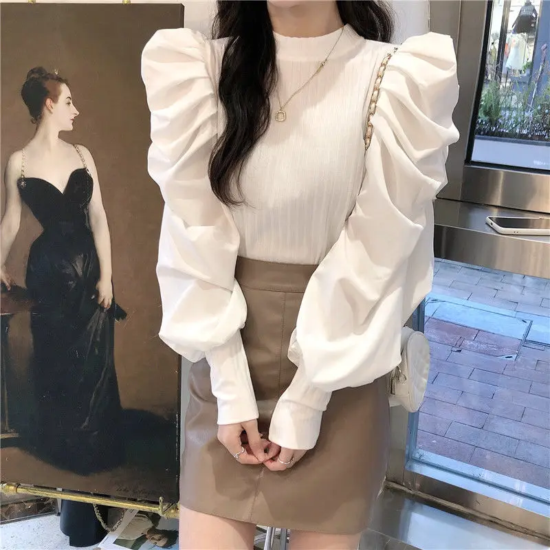 

Long Puff Sleeve Sweet Sweater Women Autumn Winter Lantern Sleeve Stitching Round Neck Knitted Sweaters and Pullovers Women Y151
