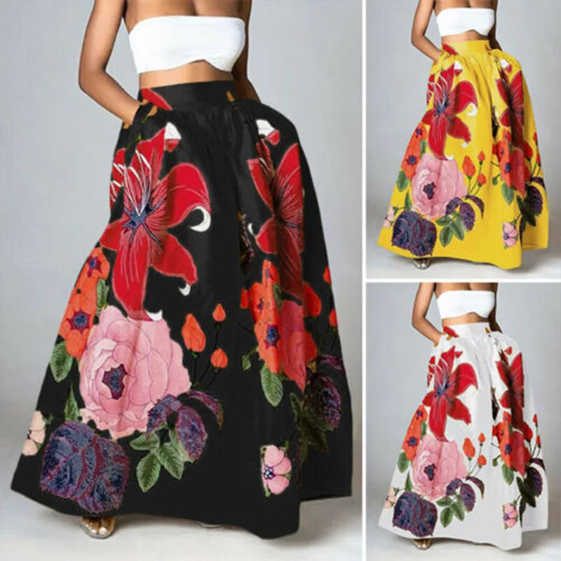 Plus Size Maxi Skirt For Women Summer Floral Long Skirts For Women Flower Printed Skirts Womens Faldas Largas Mujer Para Fiesta