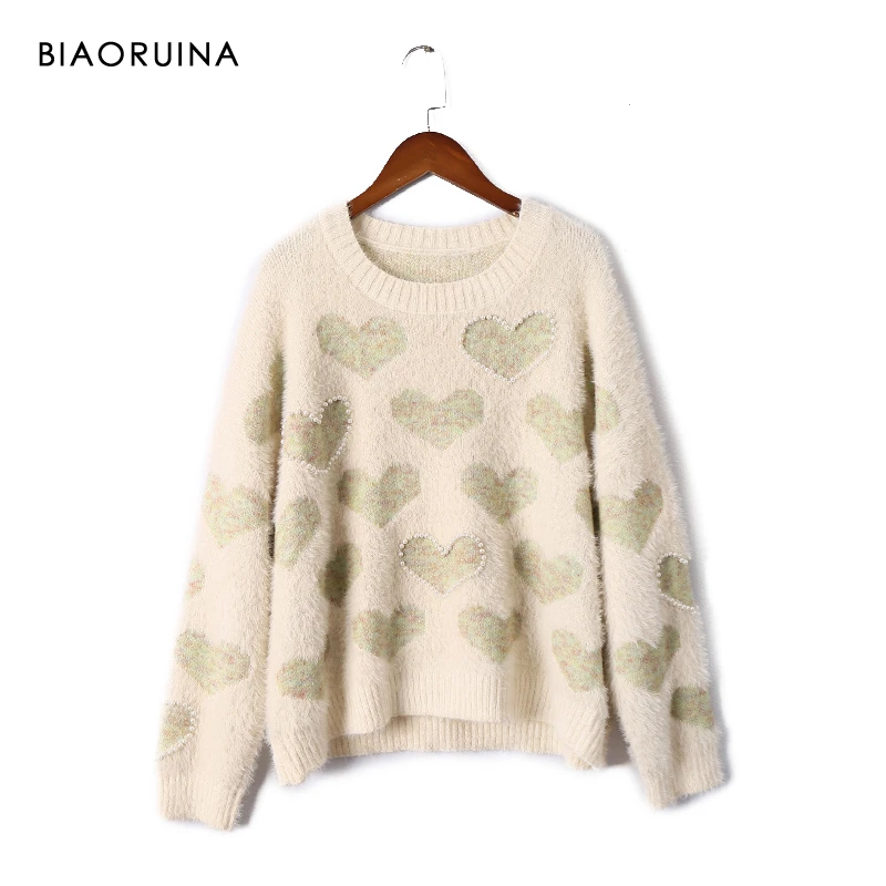 BIAORUINA Women's Heart Jacquard Beading Fluffy Thick Warm Knit Pullover O-neck Female Oversized Sweet Winter Sweater One Size | Женская