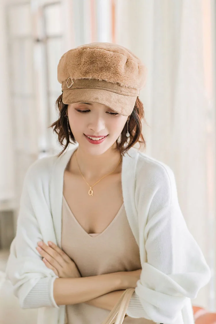MAERSHEI/ Модные женские береты gorras, женская шапка в стиле милитари с кроличьим мехом, утолщенная теплая плоская кепка, восьмиугольные шапочки Newsboy