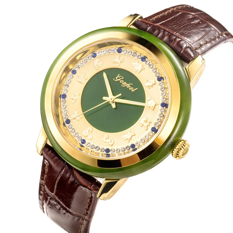 

2020 New Arrival Hot Sale Goffel Folk Art Reproduction 12 Zodiac Surface Gold Shell Quartz Leather Jasper Watch